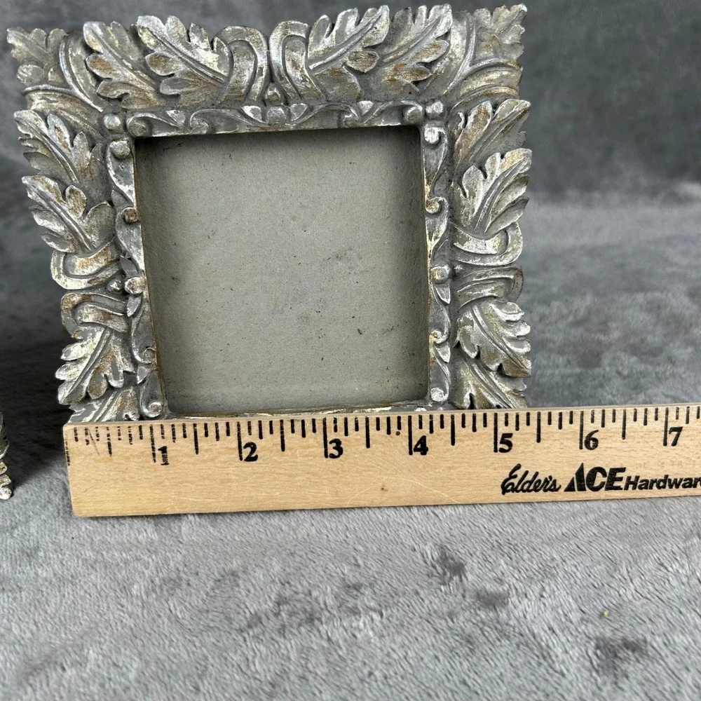 Set of 2 Ornate Silver Acanthus Leaf Square Picture Frames 5.5x5.5 Vintage Style
